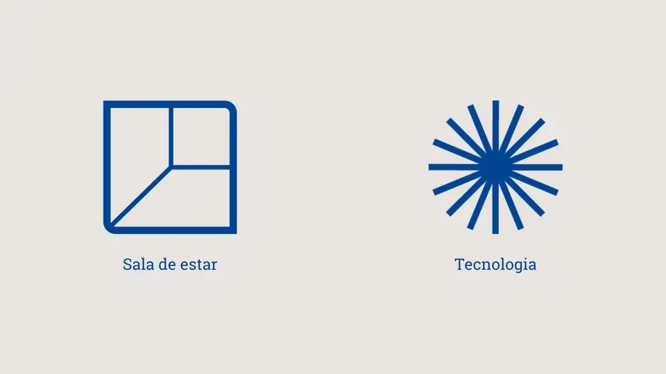 Símbolos da Neo Átrio: o formato de uma sala de estar e os raios que saem do centro, representando a tecnologia.